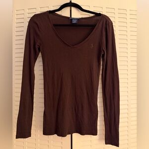 Ralph Lauren Sport Chocolate Brown V-Neck Long Sleeve Top – Pima Cotton – M